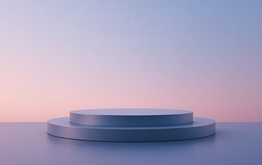 Floating round minimalist podium over light gradient sky background with reflective floor, modern design

