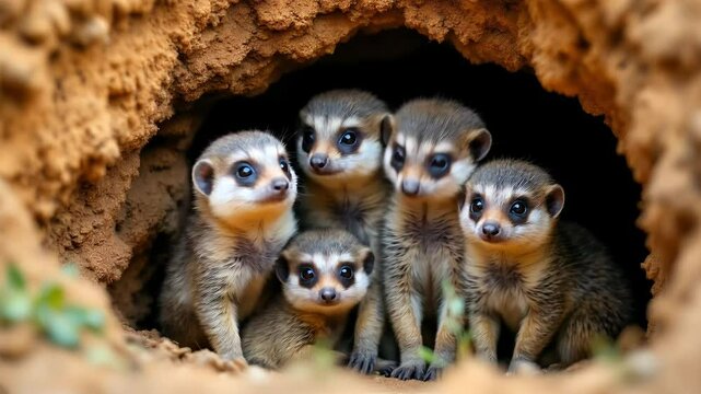 A mongoose family huddling together in a burrow entrance, their eyes bright and curious.