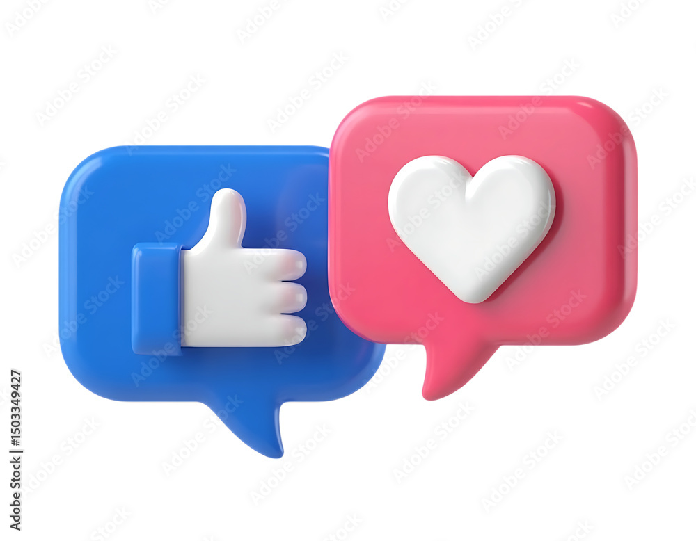 Poster 3d render of like and love icons in speech bubbles isolated on transparent background