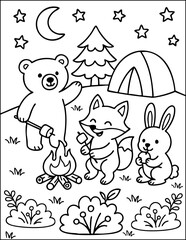 Cozy night in the garden with friends: a coloring page for kids