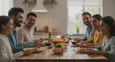 Group of friends enjoying dinner together at a cozy dining table  