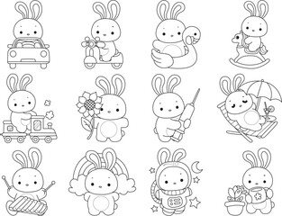 Outline of Illustration of cute bunny icon.
Lineart of Funny rabbit in daily activities elements.