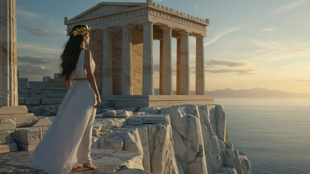 Woman in ancient greek dress on cliff at sunset