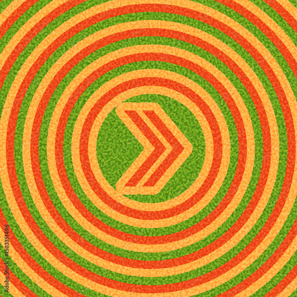 Poster orange chevron arrow over green background with concentric circular pattern. vector illustration.
