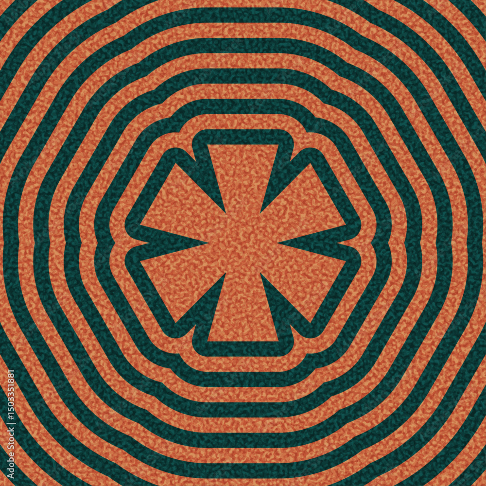 Poster geometric asterisk shape in orange with teal concentric ripple pattern. vector illustration.