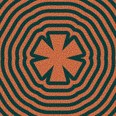 Geometric asterisk shape in orange with teal concentric ripple pattern. Vector illustration.