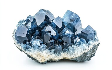 Cluster of dark-blue, faceted crystals on a light-beige matrix