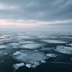 Fototapeta premium Frozen ocean surface with scattered ice floes under overcast sky at winter twilight