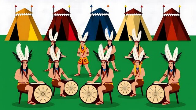 Native American Drum Ceremony with Colorful Tipis
