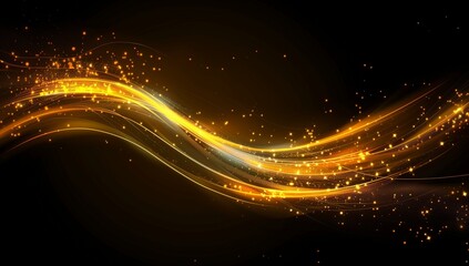 Abstract golden, glowing wave on a black background with glitter and bokeh lights effect.