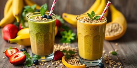 Two vibrant superfood smoothies, banana granola, fresh fruit, wooden table, tabletop, vitamin