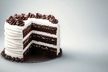 A delicious slice of layered chocolate cake with white frosting and chocolate swirls, perfect for any celebration