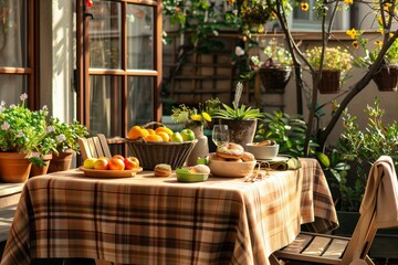 A cozy breakfast table set with a checkered cloth, surrounded by potted plants and fresh fruits in an outdoor garden setting.