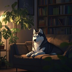 Cozy Evening with Cartoon Husky on Sofa in Plant-Filled Reading Room