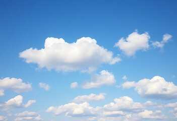 Vast, serene blue sky canvas dotted with fluffy, realistic clouds; soft watercolor texture, illustration, landscape