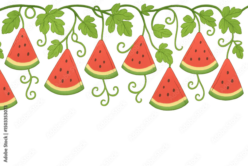 Poster watermelon slices dangling with fresh green leaves, creating seamless summer-inspired border pattern