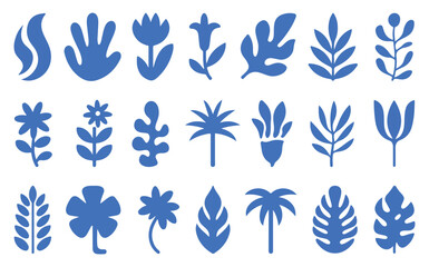 Blue silhouettes of various plants and flowers decorative vector elements