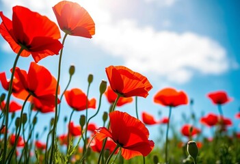 Vibrant red poppies bloom, reaching towards a bright blue sky, vibrant, meadow