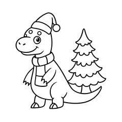 cute dinosaur wearing santa hat and scarf coloring book page 