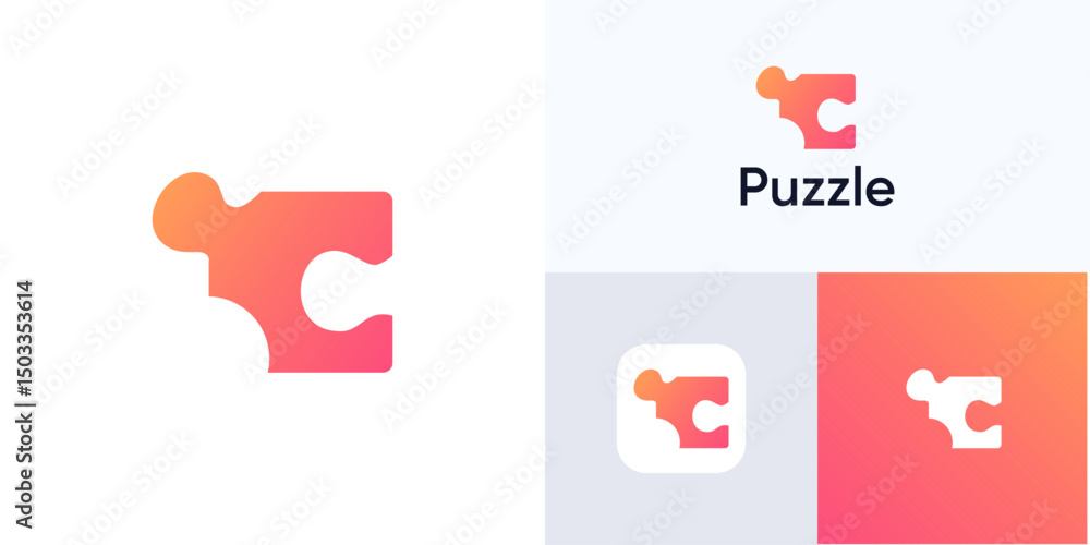 Poster simple letter c puzzle pieces with vibrant gradient color logo icon design vector illustration eleme