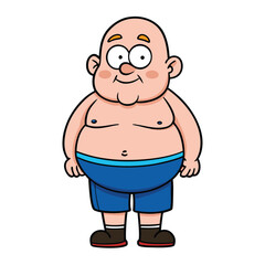Bald cartoon man with blue shorts stands smiling isolated on white background
