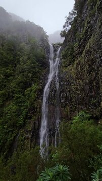 Misty waterfall cascades down lush greenery at Levada das 25 Fontes, a scenic trail in Raba&ccedil;al, Madeira, Portugal. Tranquil rainforest and mossy rocks in view.