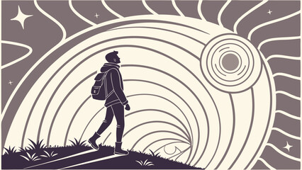 Silhouette of a traveler walking towards a cosmic vortex against a starry night sky