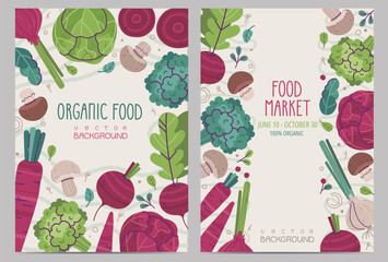 Set of Posters with Vegetables. Banners with Farm Fresh Produce. Beets, Cabbage, Onions on White Background