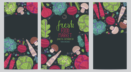 Set of Posters with Vegetables. Banners with Farm Fresh Produce. Beets, Cabbage, Onions on Dark Grey Background