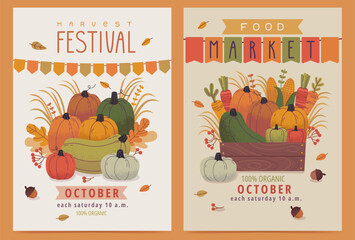 Posters with Pumpkins. Autumn Banners with Farm Fresh Produce. Fall Harvest Festival Flyer