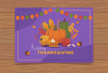 Thanksgiving Greeting Card with Autumn Vegetables on Purple Background
