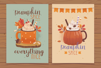Greeting Cards with Pumpkin Spice Latte. Orange Mug with Hot Drink and Whipped Cream on Top. Pumpkin Spice and Everything Nice
