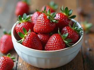 "Freshly washed strawberries in a white ceramic bowl on a rustic wooden table, natural lighting"