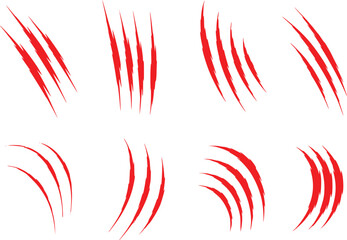 Set of red claw marks scratching on a white background