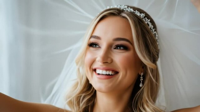 Beautiful blonde bride portrait with veil and tiara wedding day photoshoot 4k video