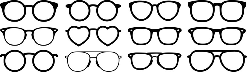 Variety of different trendy and stylish eyeglasses silhouettes in vector