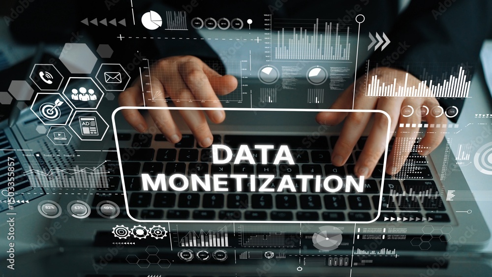 Poster hands on keyboard with data monetization concept and digital graphs illustrating business growth and