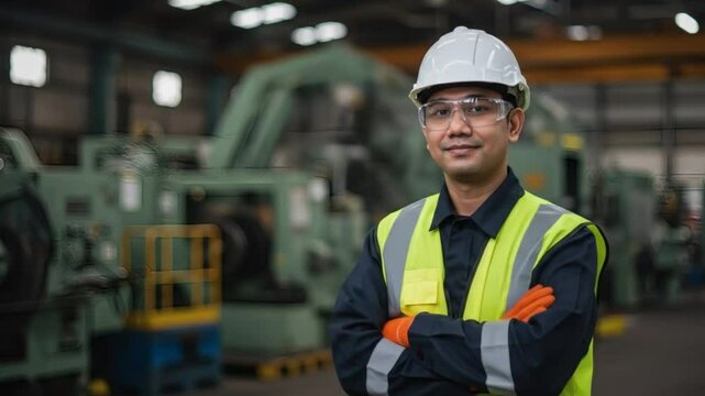 Factory worker safety first hard hat and safety glasses in manufacturing plant 4k video