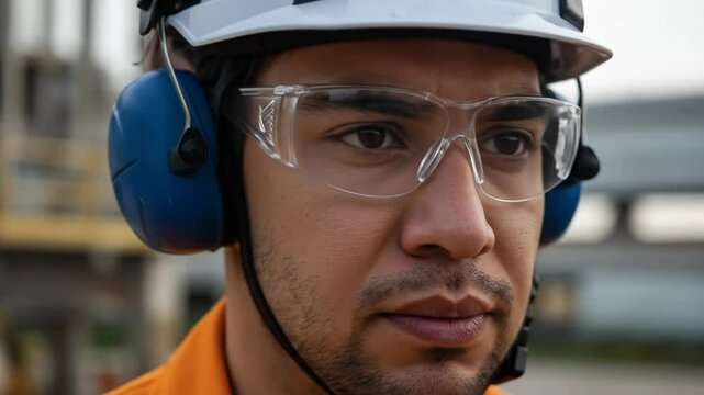 Safety first construction worker portrait wearing hard hat and ear muffs 4k video