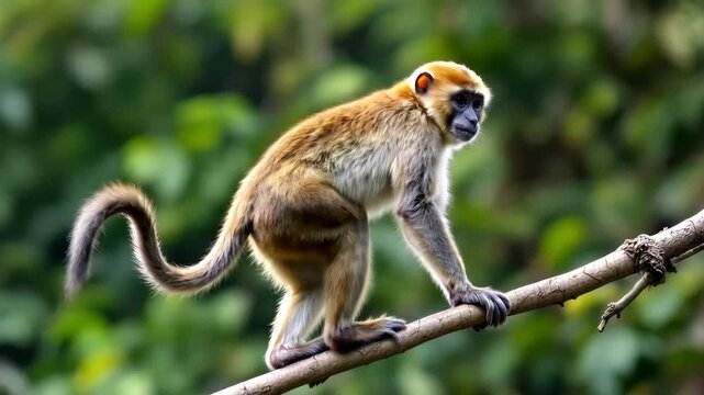  A monkey walks along a vine, balancing easily with tail curled and focused steps.