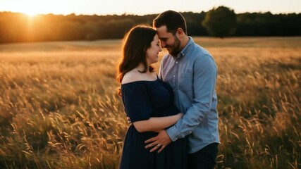Sunset maternity photoshoot in field romantic couple expecting baby love 4k video