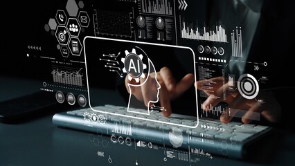 Hands typing on a keyboard with futuristic AI graphics and data visualizations representing advanced technology concepts. Asymptotic smart data analytic.