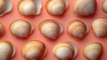 Artistic Overhead Capture of Fresh Clam Seafood in a Repeating Pattern with a Muted Pastel Culinary Aesthetic