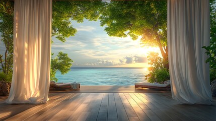 Serene Oceanfront Resort with Light and Airy Curtains Billowing in a Refreshing Tropical Breeze, Exuding Elegant Island Vibes