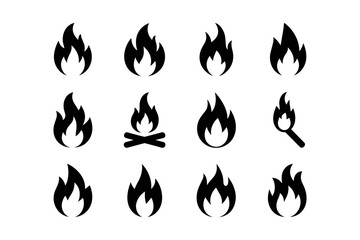 Set of Black Fire Icons and Flames Vector Illustration