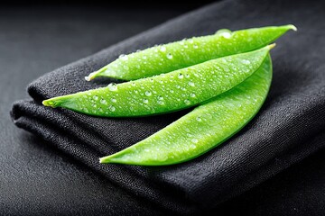 Sugar snap peas with glossy shells on a dark backdrop 