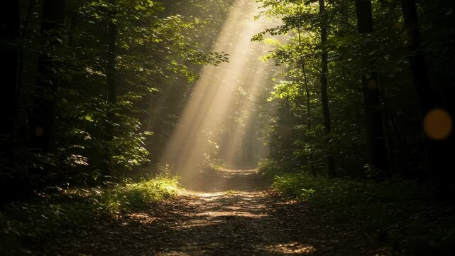 Beautiful forest path with golden sunlight rays breaking through the dark trees, creating a mystical and serene atmosphere in nature footage.