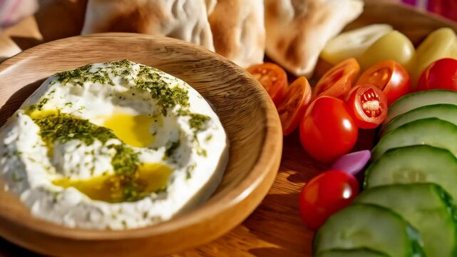 Wooden platter of creamy labneh with za'atar, pita bread, tomatoes, carrots and cucumbers in bright sunny light