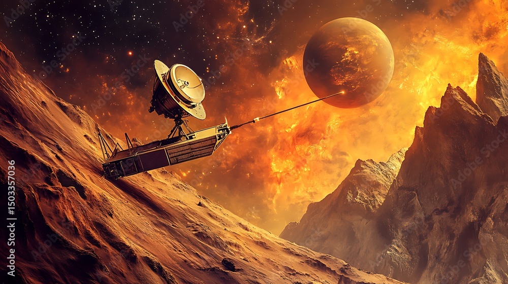 Poster an advanced space probe exploring distant planets and transmitting data back to earth