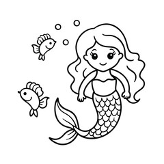 Fototapeta premium cute mermaid coloring page with fish and seaweed